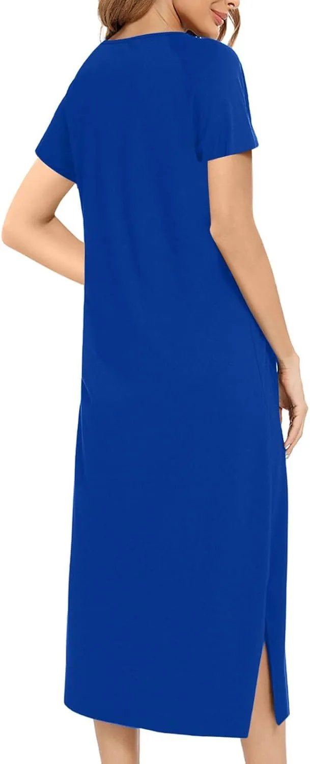Nightgowns for Women Zip Front Nightshirt Short Sleeve Sleepwear Loose Crewneck Soft Summer Sleep Dress with Pockets