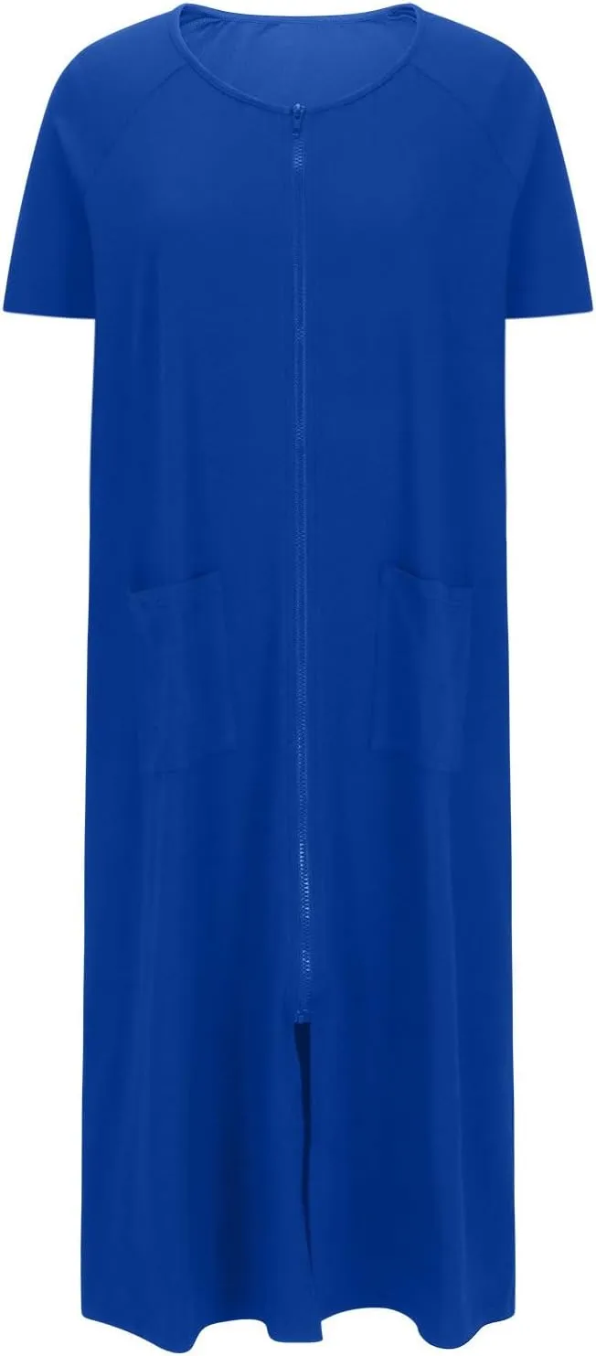 Nightgowns for Women Zip Front Nightshirt Short Sleeve Sleepwear Loose Crewneck Soft Summer Sleep Dress with Pockets