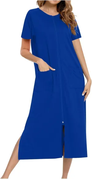 Nightgowns for Women Zip Front Nightshirt Short Sleeve Sleepwear Loose Crewneck Soft Summer Sleep Dress with Pockets