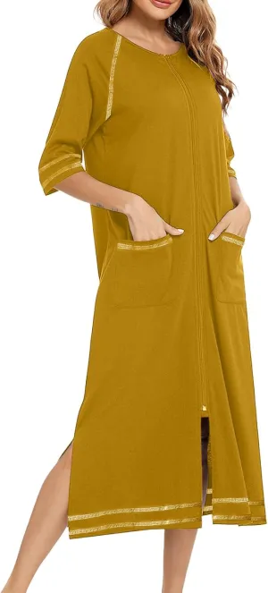 Nightgowns for Women Zip Front Raglan Nightshirt 3/4 Sleeve Sleepwear Loose Crewneck Soft Summer Sleep Dress with Pockets