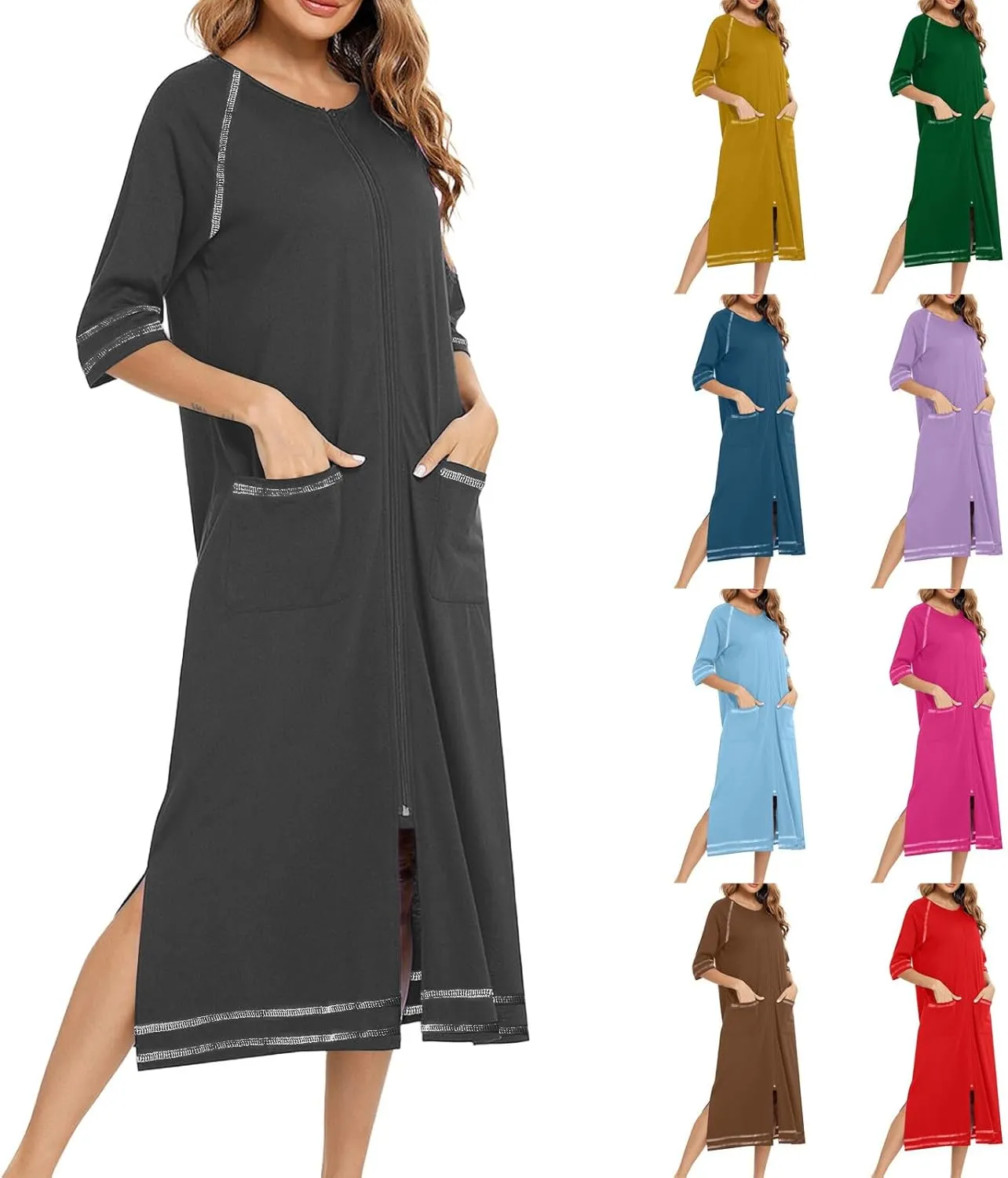Nightgowns for Women Zip Front Raglan Nightshirt 3/4 Sleeve Sleepwear Loose Crewneck Soft Summer Sleep Dress with Pockets