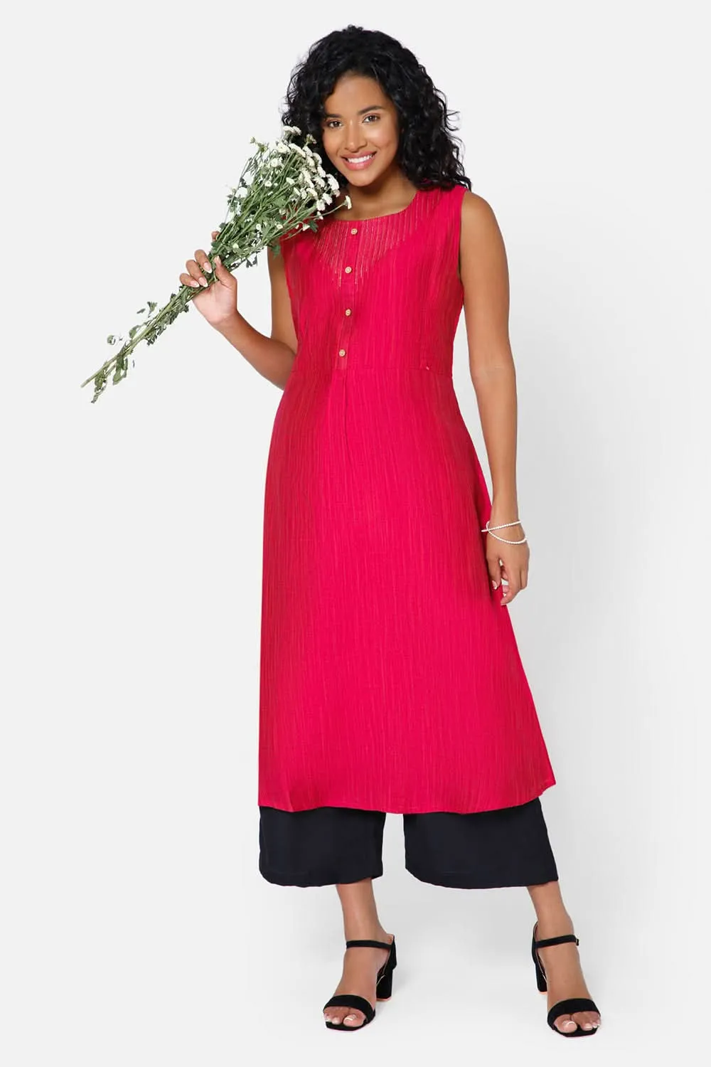 Oh Mom Sleeveless Cotton Maternity Kurthi with Round Neck and Feeding Zipper  - Pink - KU08