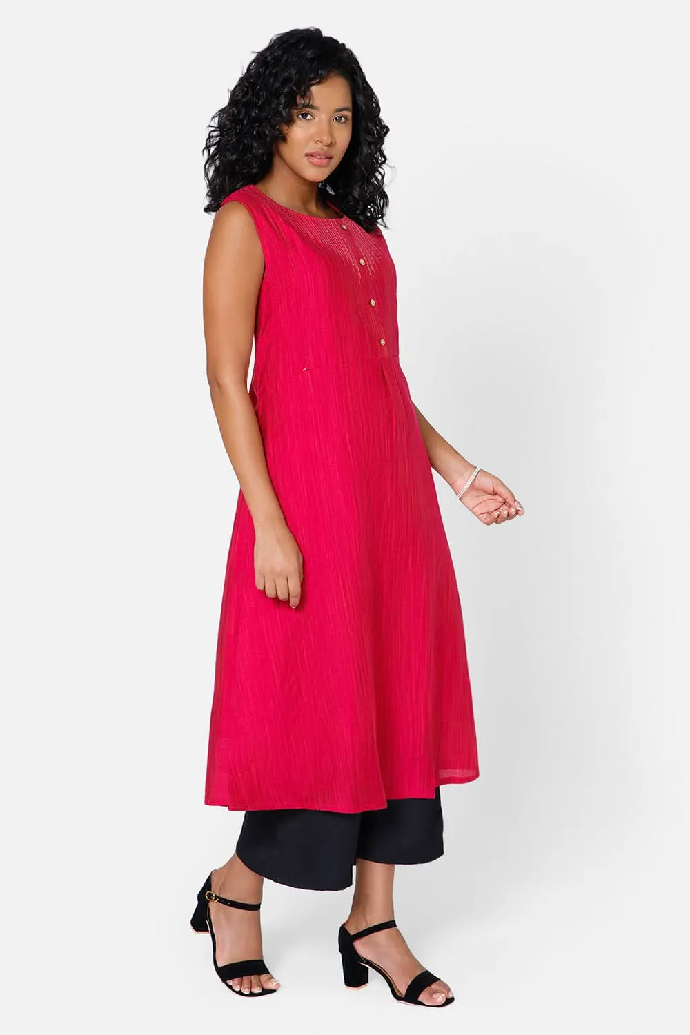 Oh Mom Sleeveless Cotton Maternity Kurthi with Round Neck and Feeding Zipper  - Pink - KU08