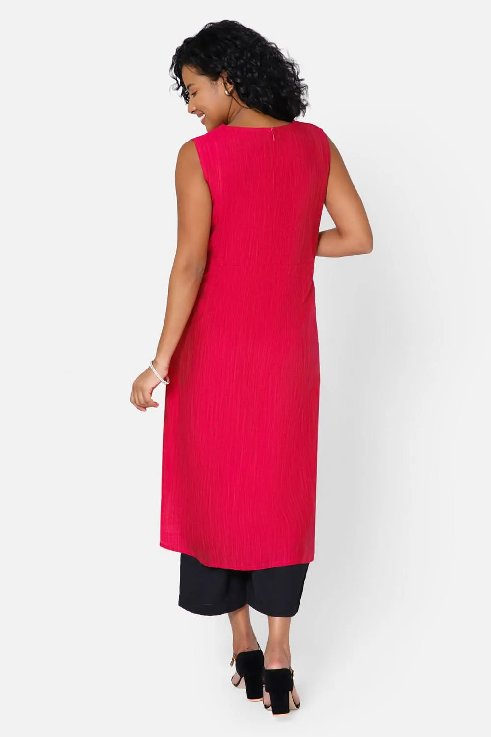 Oh Mom Sleeveless Cotton Maternity Kurthi with Round Neck and Feeding Zipper  - Pink - KU08