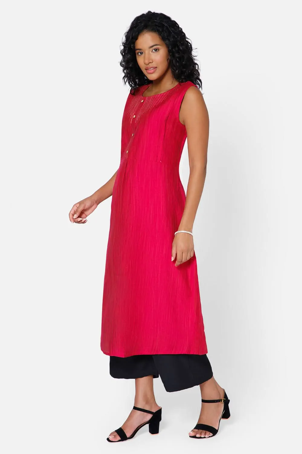 Oh Mom Sleeveless Cotton Maternity Kurthi with Round Neck and Feeding Zipper  - Pink - KU08