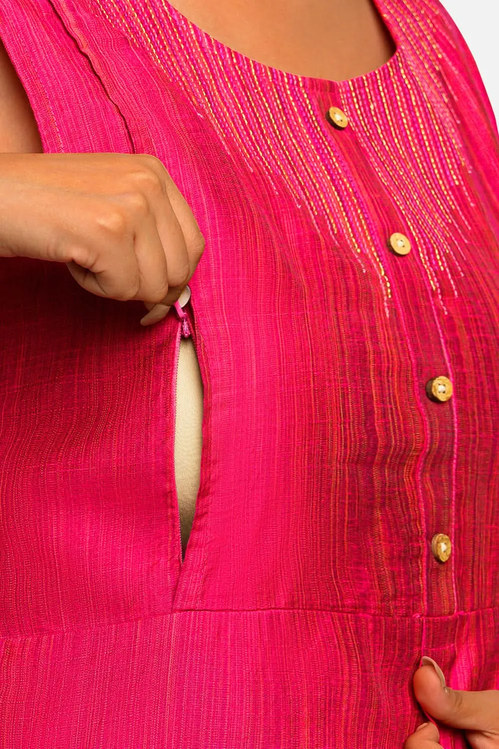 Oh Mom Sleeveless Cotton Maternity Kurthi with Round Neck and Feeding Zipper  - Pink - KU08