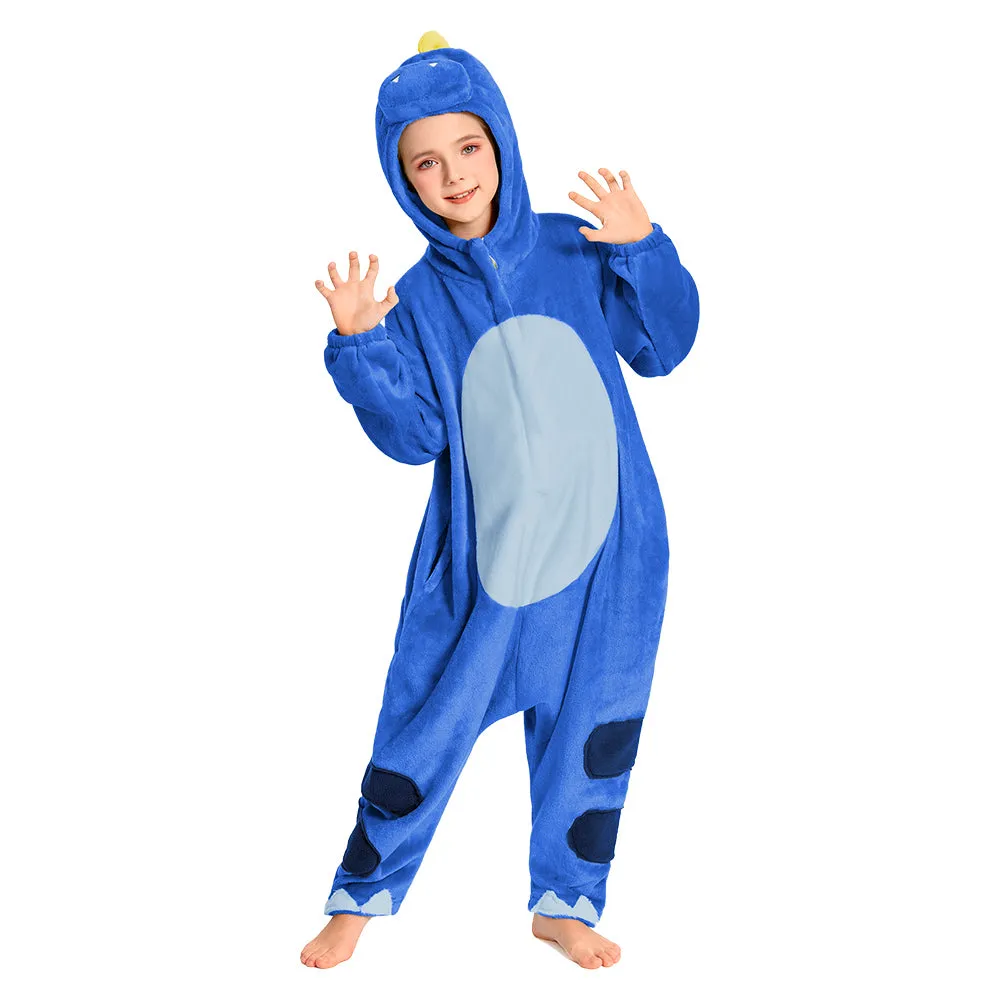 OLAOLA Kids Blue Dinosaur Animal Onesie Plush Soft Flannel Warm Home Pajamas One-Piece Sleepwear