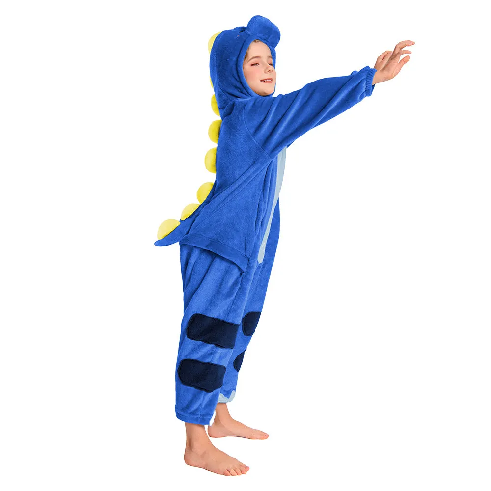 OLAOLA Kids Blue Dinosaur Animal Onesie Plush Soft Flannel Warm Home Pajamas One-Piece Sleepwear