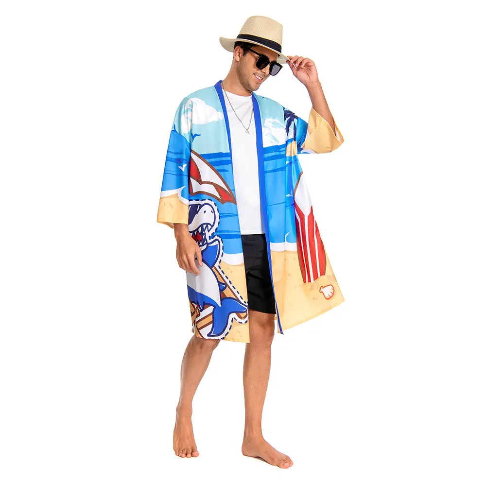 OLAOLA Men Smock Adult Blue Beach Shark Pattern Animal Printed Robe Bathrobe Soft Casual Homewear