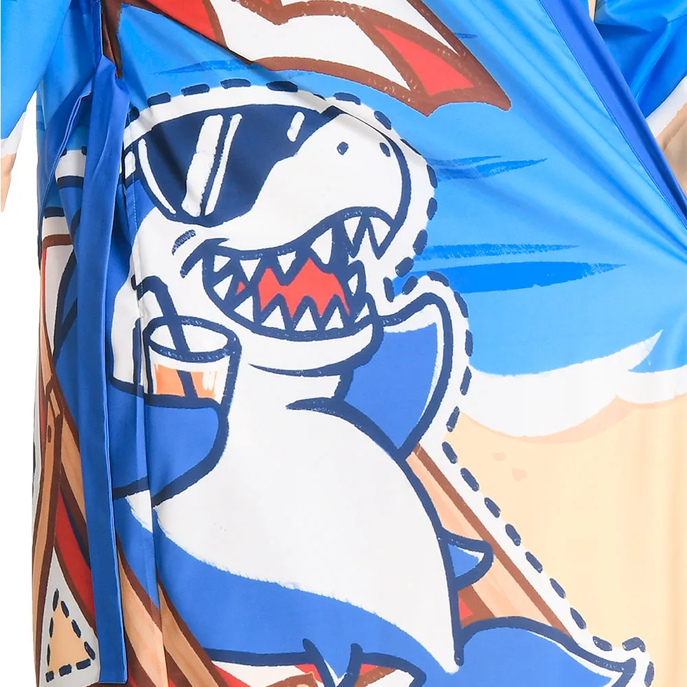 OLAOLA Men Smock Adult Blue Beach Shark Pattern Animal Printed Robe Bathrobe Soft Casual Homewear