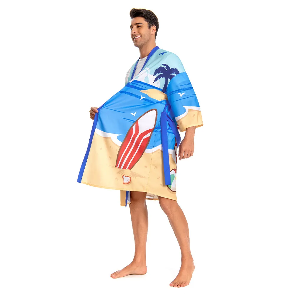 OLAOLA Men Smock Adult Blue Beach Shark Pattern Animal Printed Robe Bathrobe Soft Casual Homewear