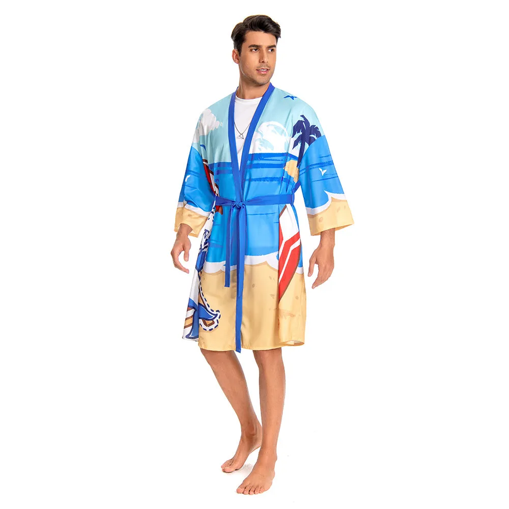 OLAOLA Men Smock Adult Blue Beach Shark Pattern Animal Printed Robe Bathrobe Soft Casual Homewear