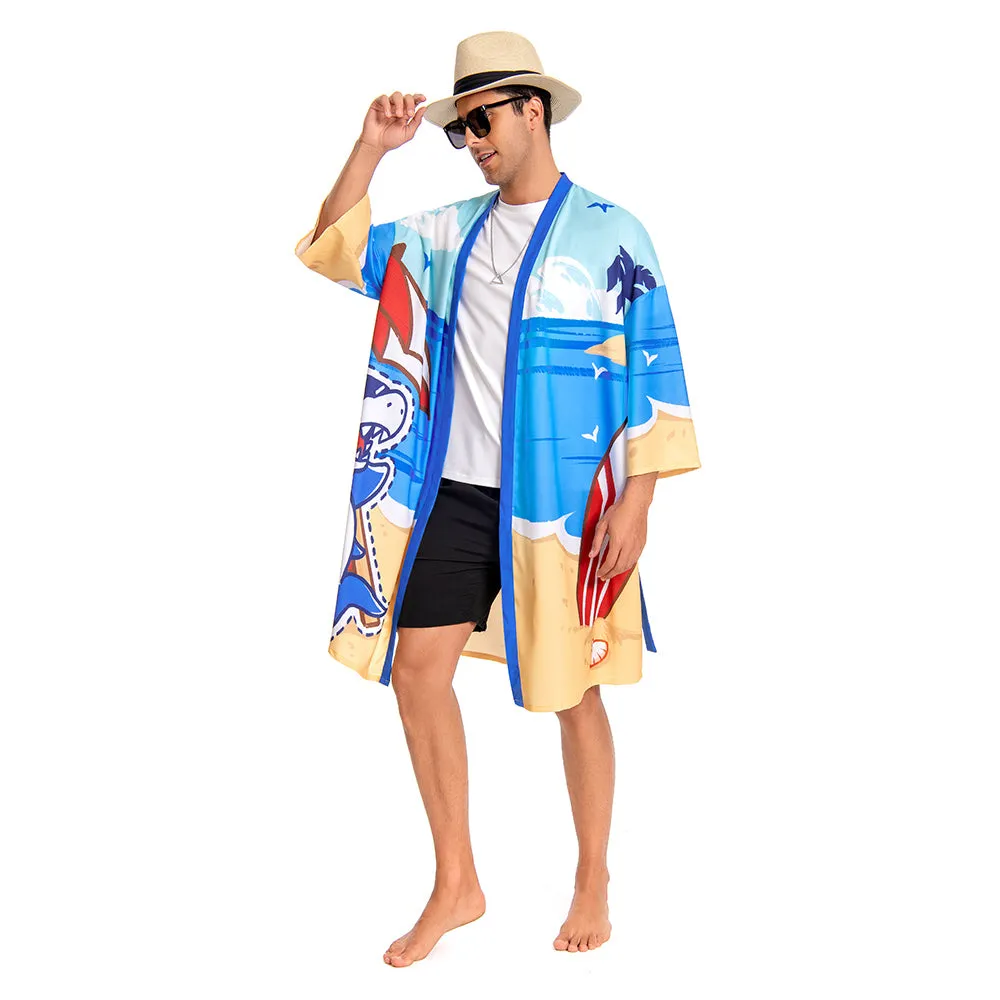 OLAOLA Men Smock Adult Blue Beach Shark Pattern Animal Printed Robe Bathrobe Soft Casual Homewear