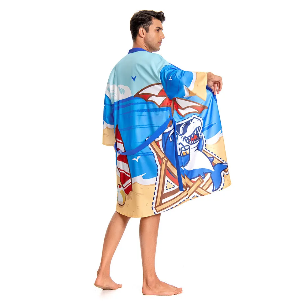 OLAOLA Men Smock Adult Blue Beach Shark Pattern Animal Printed Robe Bathrobe Soft Casual Homewear