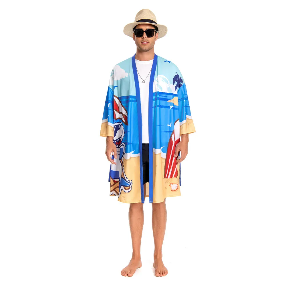 OLAOLA Men Smock Adult Blue Beach Shark Pattern Animal Printed Robe Bathrobe Soft Casual Homewear