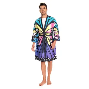 OLAOLA Men Smock Adult Blue Butterfly Pattern Animal Printed Robe Bathrobe Soft Casual Homewear