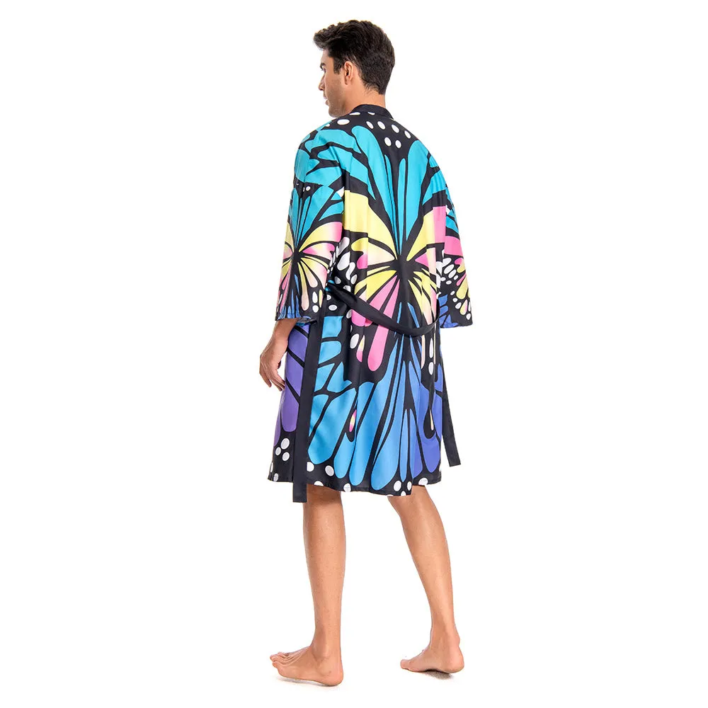 OLAOLA Men Smock Adult Blue Butterfly Pattern Animal Printed Robe Bathrobe Soft Casual Homewear