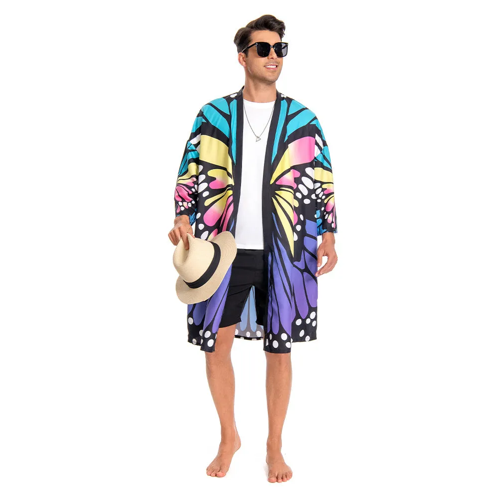 OLAOLA Men Smock Adult Blue Butterfly Pattern Animal Printed Robe Bathrobe Soft Casual Homewear