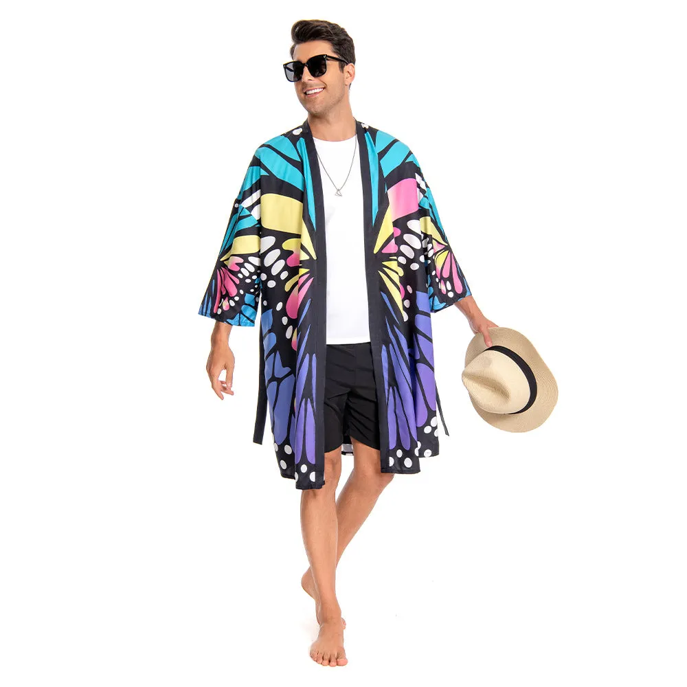 OLAOLA Men Smock Adult Blue Butterfly Pattern Animal Printed Robe Bathrobe Soft Casual Homewear
