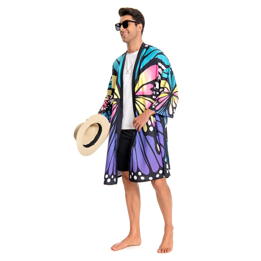 OLAOLA Men Smock Adult Blue Butterfly Pattern Animal Printed Robe Bathrobe Soft Casual Homewear
