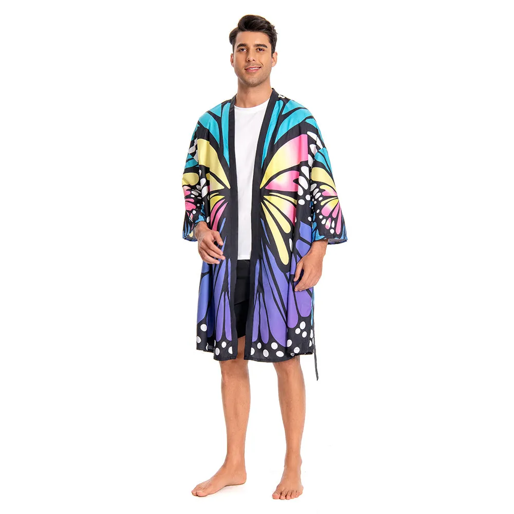 OLAOLA Men Smock Adult Blue Butterfly Pattern Animal Printed Robe Bathrobe Soft Casual Homewear
