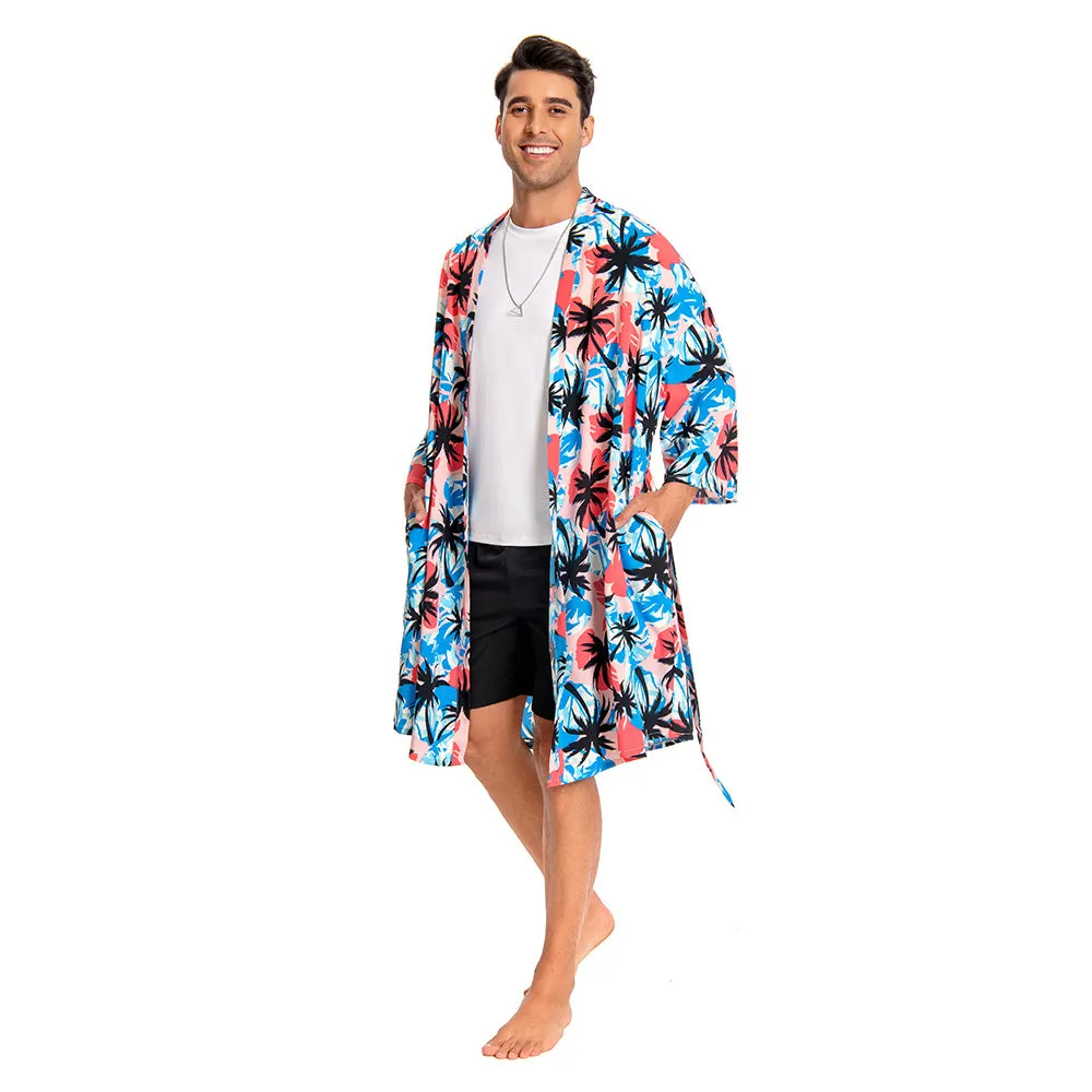 OLAOLA Men Smock Adult Blue Floral Pattern Printed Robe Bathrobe Soft Casual Homewear