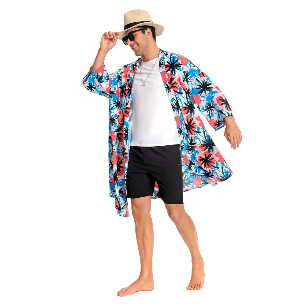 OLAOLA Men Smock Adult Blue Floral Pattern Printed Robe Bathrobe Soft Casual Homewear
