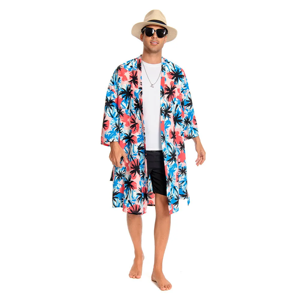OLAOLA Men Smock Adult Blue Floral Pattern Printed Robe Bathrobe Soft Casual Homewear