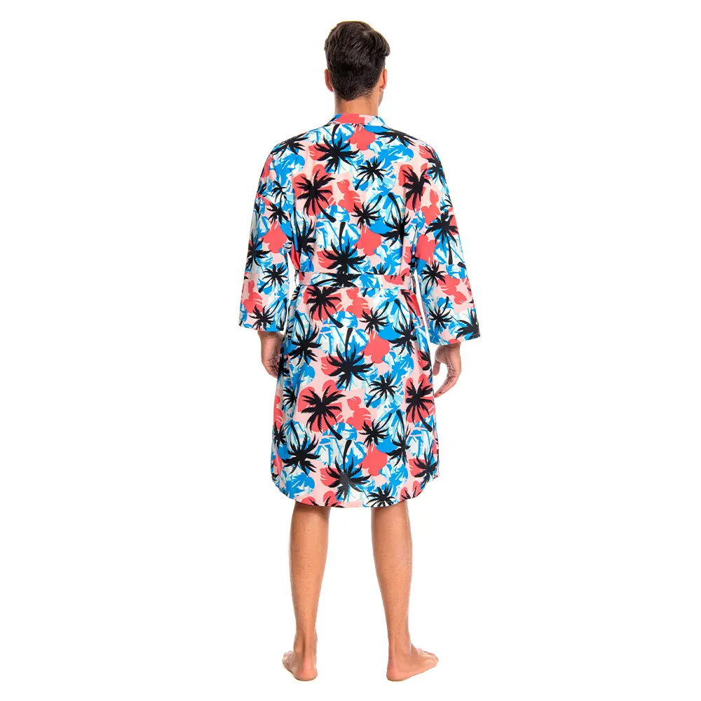 OLAOLA Men Smock Adult Blue Floral Pattern Printed Robe Bathrobe Soft Casual Homewear