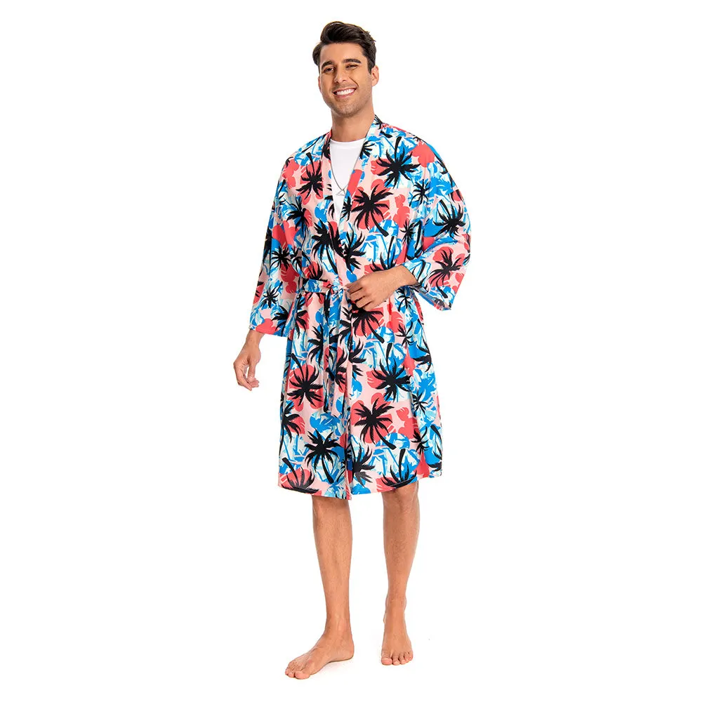 OLAOLA Men Smock Adult Blue Floral Pattern Printed Robe Bathrobe Soft Casual Homewear