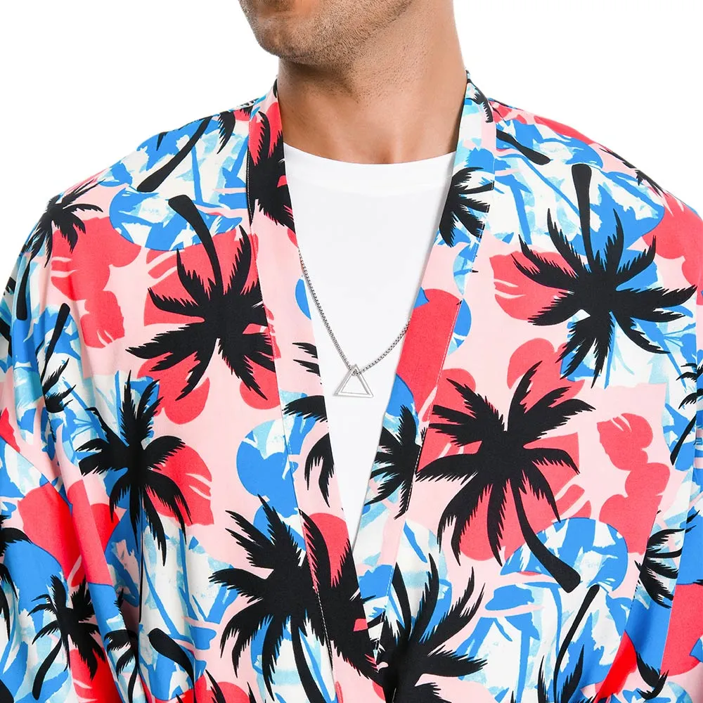 OLAOLA Men Smock Adult Blue Floral Pattern Printed Robe Bathrobe Soft Casual Homewear