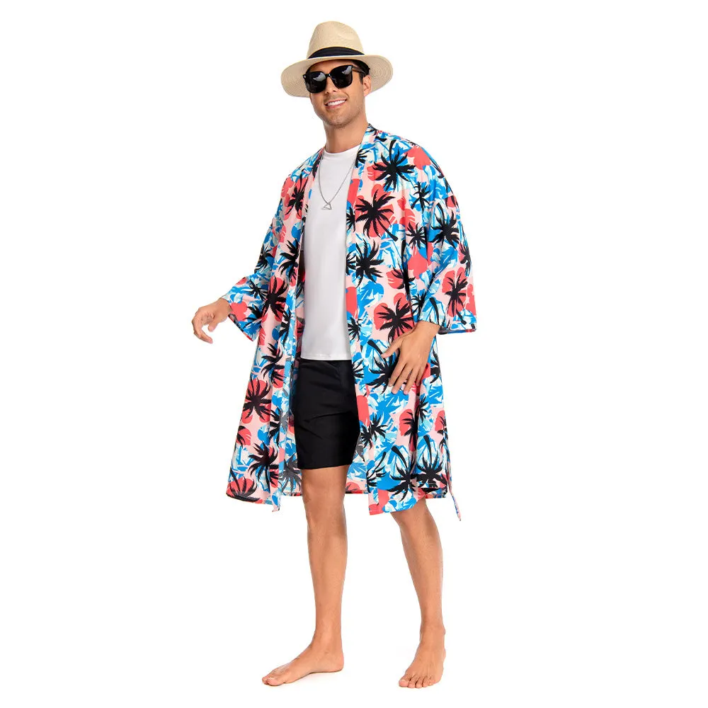 OLAOLA Men Smock Adult Blue Floral Pattern Printed Robe Bathrobe Soft Casual Homewear