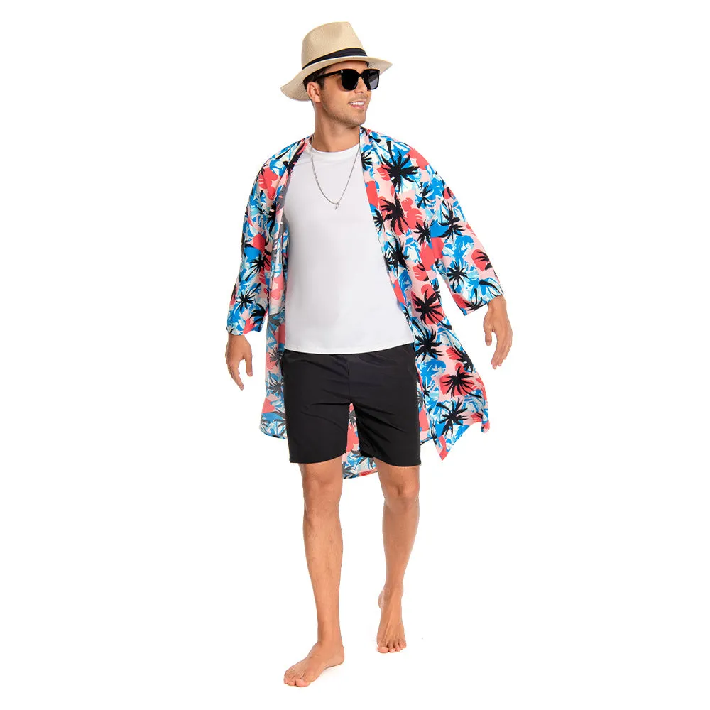 OLAOLA Men Smock Adult Blue Floral Pattern Printed Robe Bathrobe Soft Casual Homewear