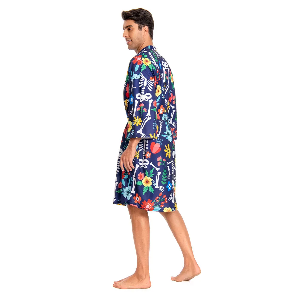 OLAOLA Men Smock Adult Blue Floral Skeleton Pattern Printed Robe Bathrobe Soft Casual Homewear