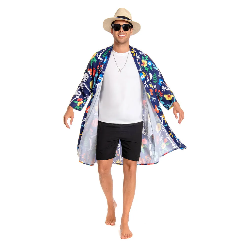 OLAOLA Men Smock Adult Blue Floral Skeleton Pattern Printed Robe Bathrobe Soft Casual Homewear