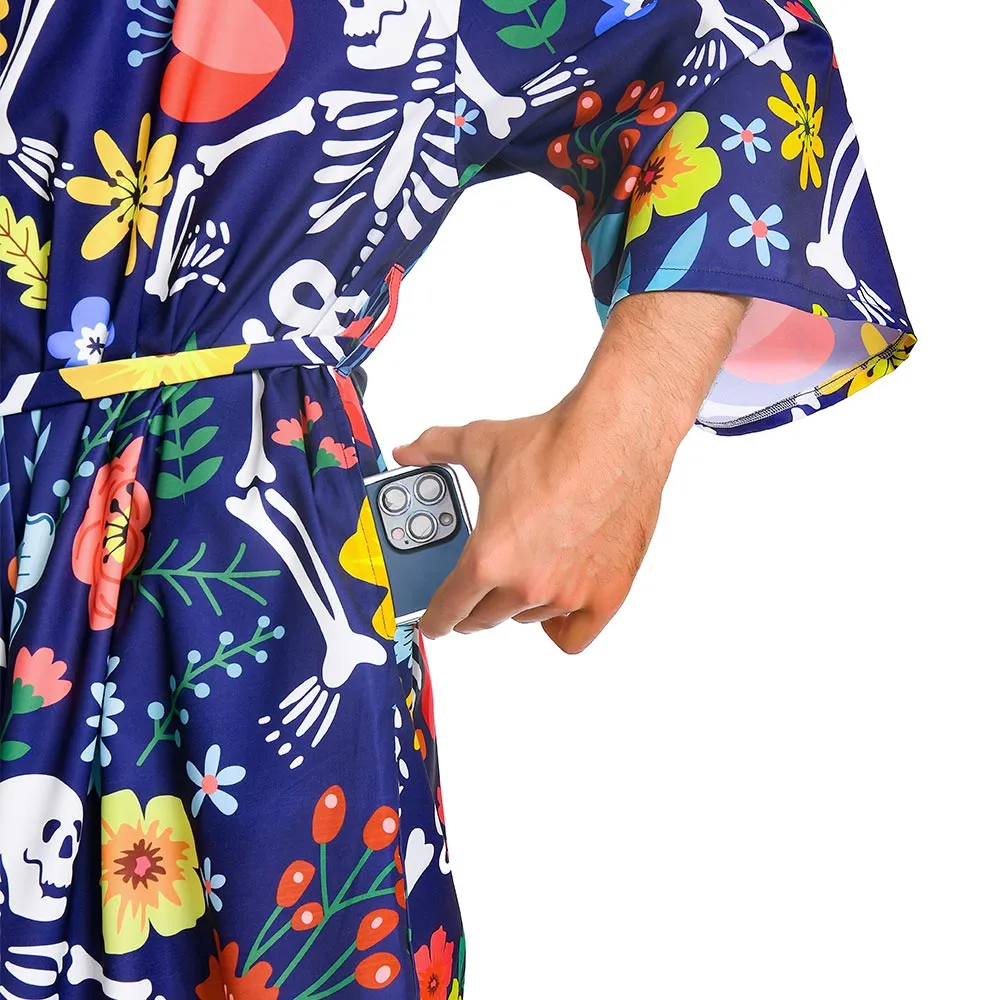 OLAOLA Men Smock Adult Blue Floral Skeleton Pattern Printed Robe Bathrobe Soft Casual Homewear