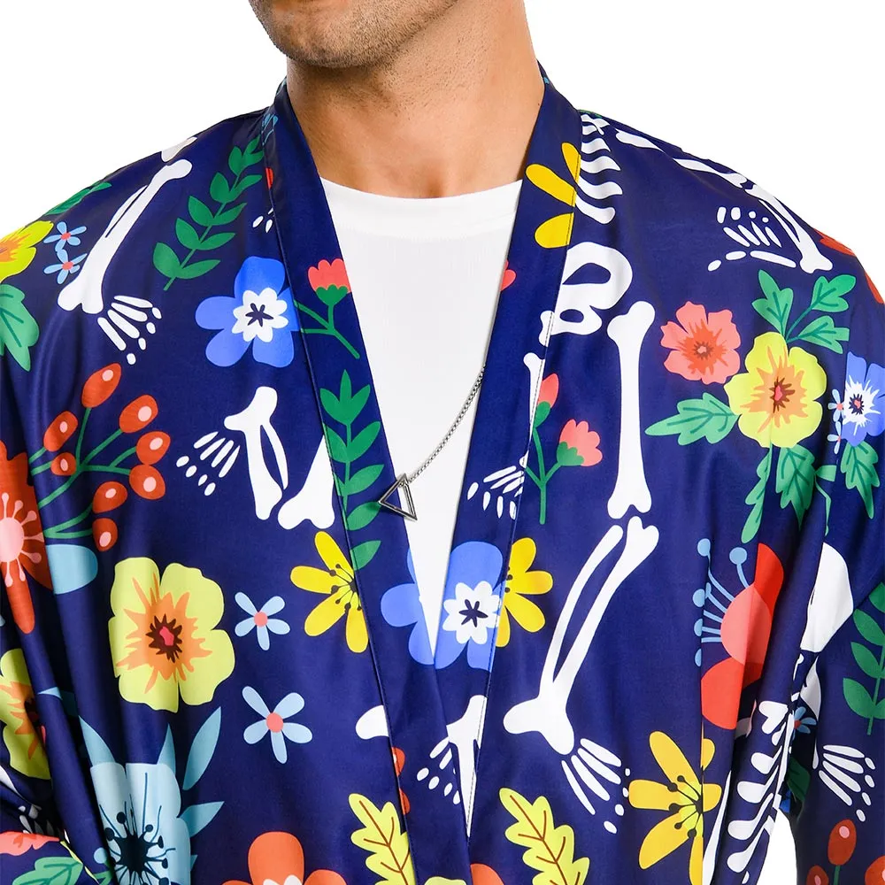 OLAOLA Men Smock Adult Blue Floral Skeleton Pattern Printed Robe Bathrobe Soft Casual Homewear