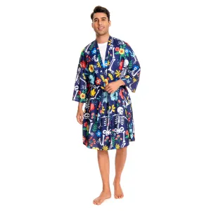 OLAOLA Men Smock Adult Blue Floral Skeleton Pattern Printed Robe Bathrobe Soft Casual Homewear