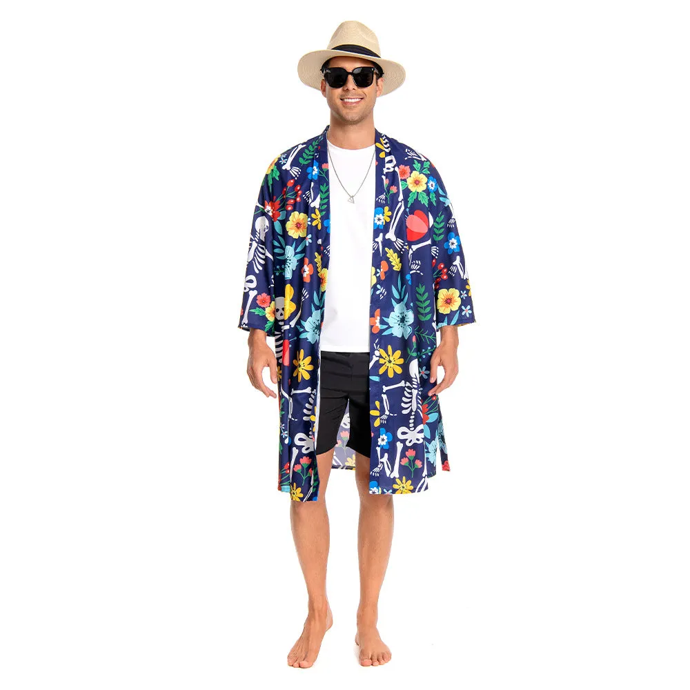 OLAOLA Men Smock Adult Blue Floral Skeleton Pattern Printed Robe Bathrobe Soft Casual Homewear