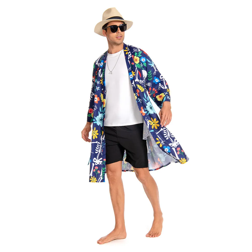 OLAOLA Men Smock Adult Blue Floral Skeleton Pattern Printed Robe Bathrobe Soft Casual Homewear