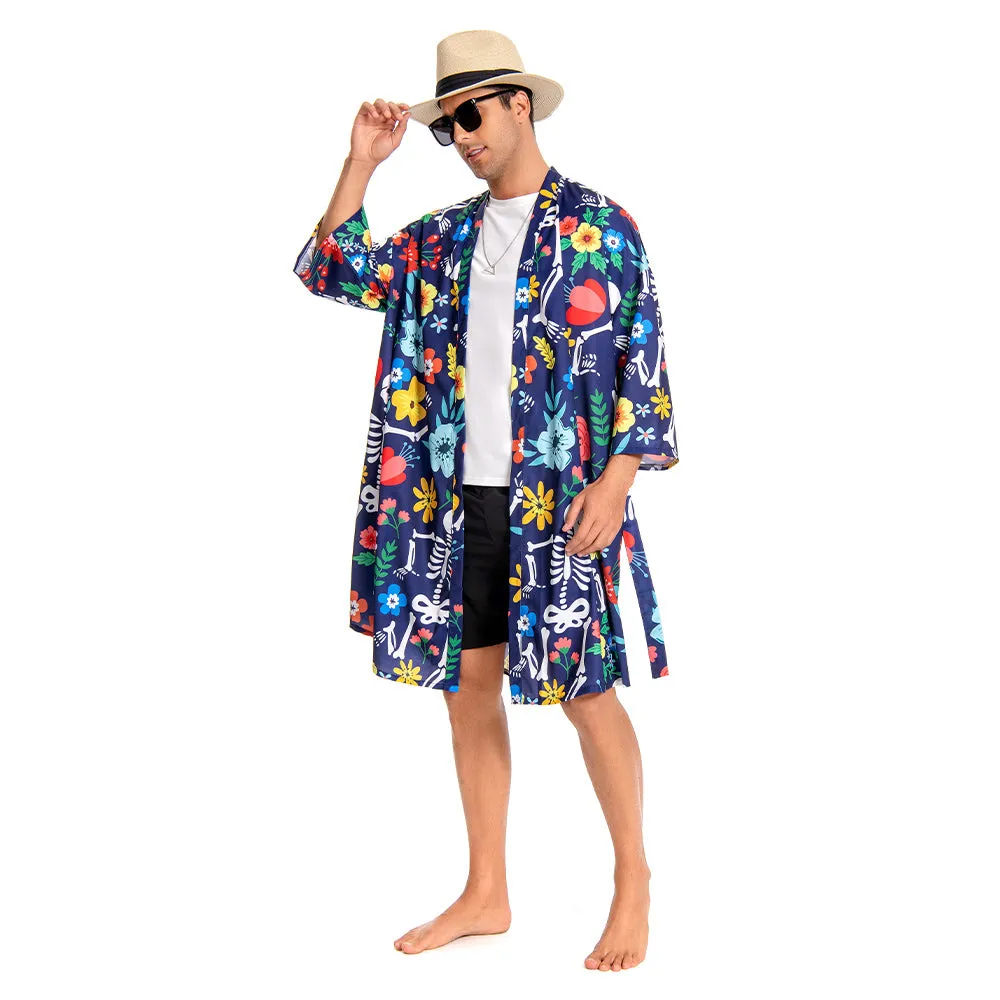 OLAOLA Men Smock Adult Blue Floral Skeleton Pattern Printed Robe Bathrobe Soft Casual Homewear