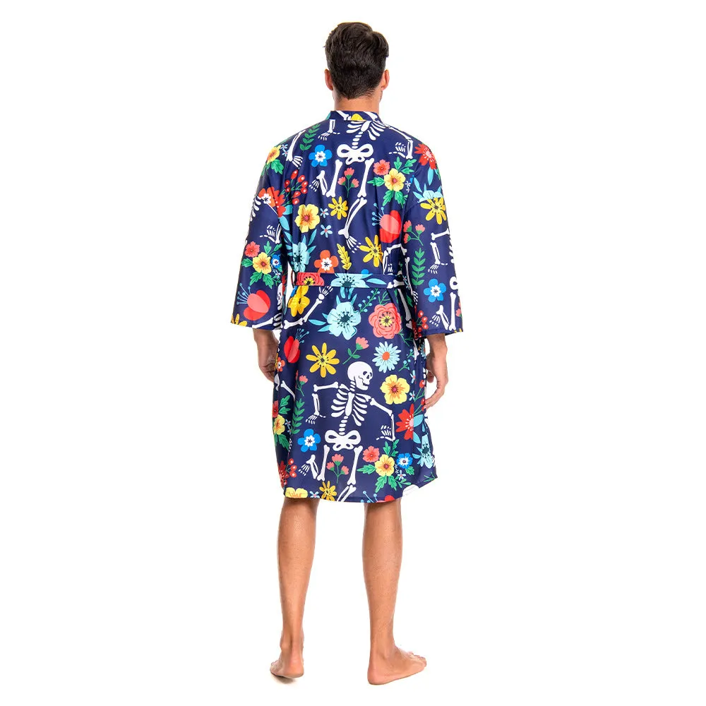 OLAOLA Men Smock Adult Blue Floral Skeleton Pattern Printed Robe Bathrobe Soft Casual Homewear