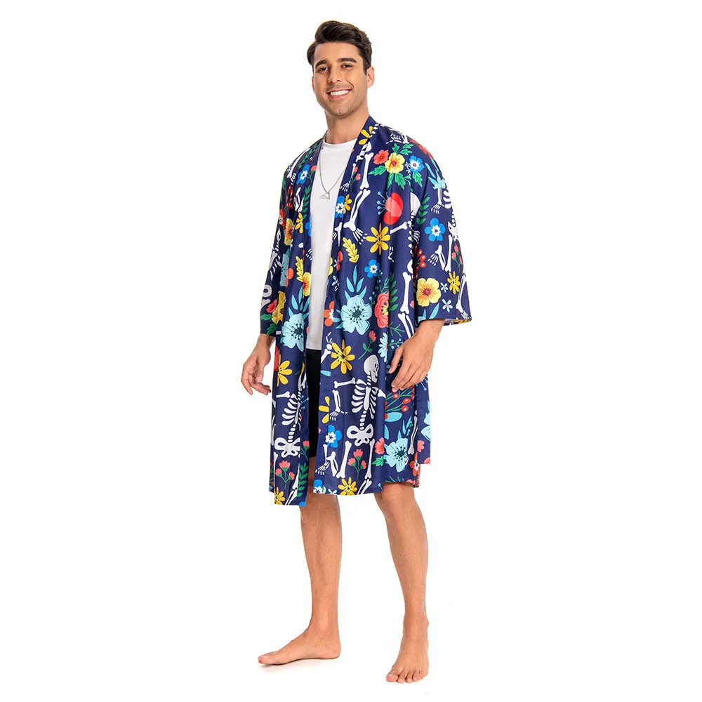 OLAOLA Men Smock Adult Blue Floral Skeleton Pattern Printed Robe Bathrobe Soft Casual Homewear