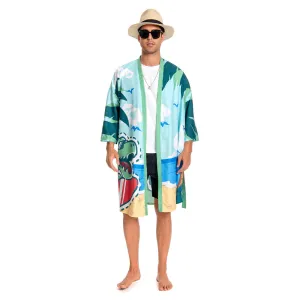 OLAOLA Men Smock Adult Green Beach Dinosaur Pattern Animal Printed Robe Bathrobe Soft Casual Homewear