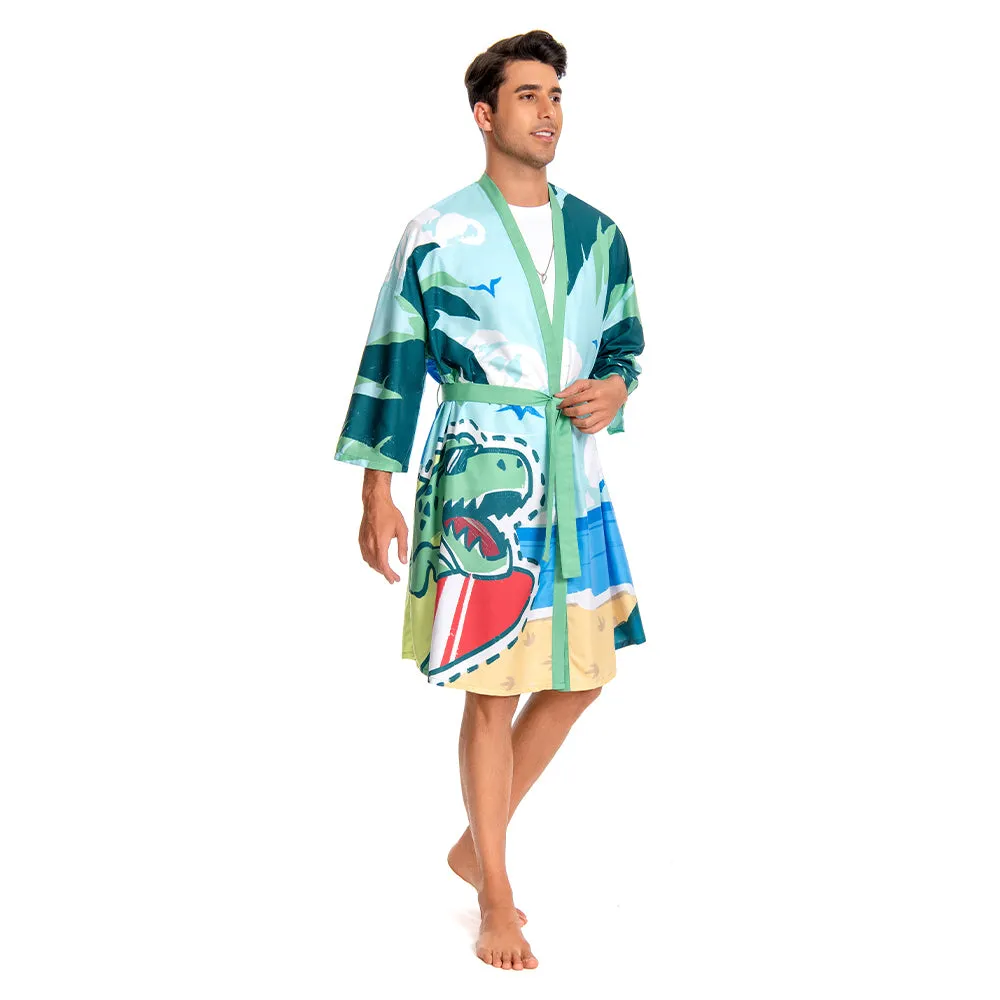 OLAOLA Men Smock Adult Green Beach Dinosaur Pattern Animal Printed Robe Bathrobe Soft Casual Homewear