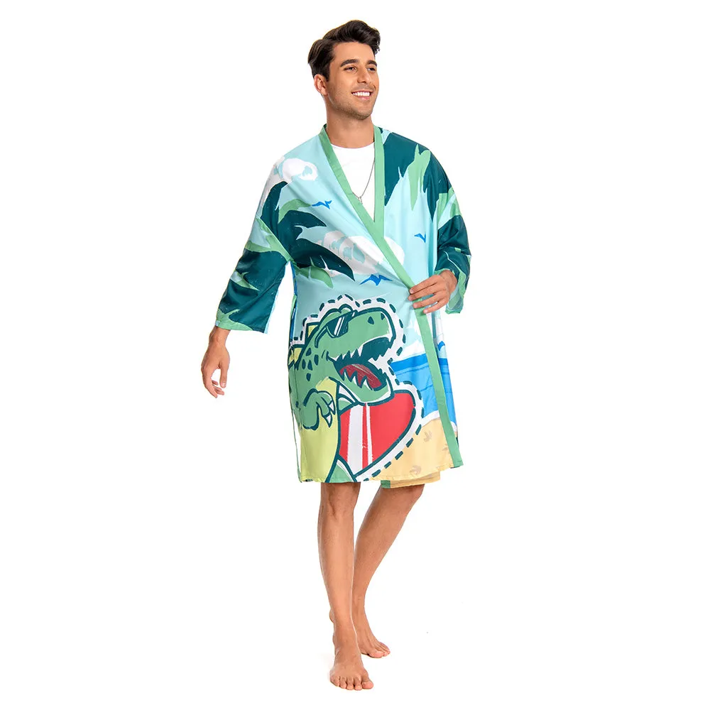 OLAOLA Men Smock Adult Green Beach Dinosaur Pattern Animal Printed Robe Bathrobe Soft Casual Homewear