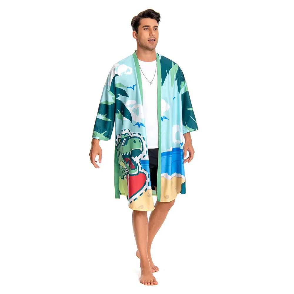 OLAOLA Men Smock Adult Green Beach Dinosaur Pattern Animal Printed Robe Bathrobe Soft Casual Homewear