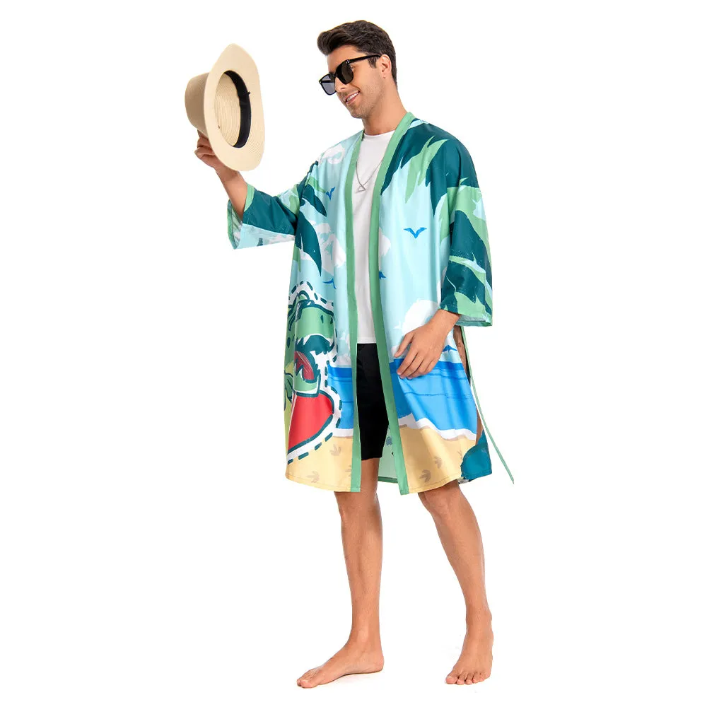 OLAOLA Men Smock Adult Green Beach Dinosaur Pattern Animal Printed Robe Bathrobe Soft Casual Homewear