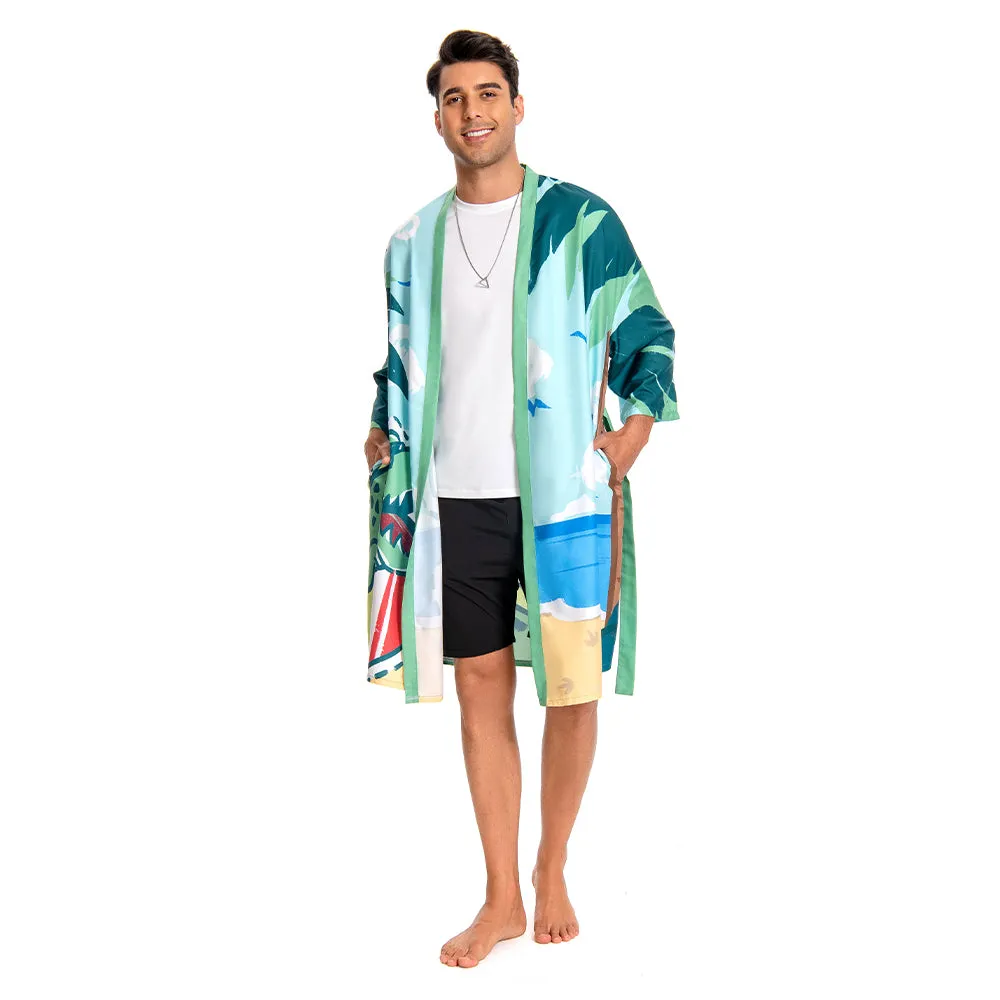 OLAOLA Men Smock Adult Green Beach Dinosaur Pattern Animal Printed Robe Bathrobe Soft Casual Homewear