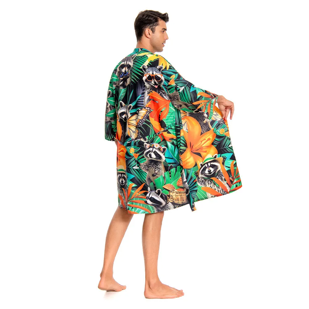 OLAOLA Men Smock Adult Green Raccoon Pattern Animal Printed Beach Robe Bathrobe Soft Casual Homewear
